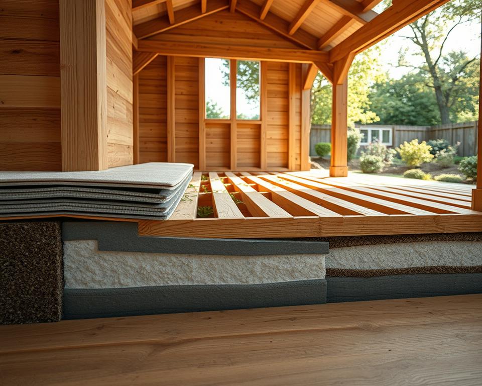 A detailed cross-section view of a wooden garden house foundation illustrating insulation and moisture management. In the foreground, showcase layers of modern insulation materials with a focus on texture, highlighting the vapor barrier and drainage system. The middle ground should feature a well-structured wooden floor framework, emphasizing the importance of air circulation, adorned with subtle greenery peeking through gaps. In the background, a serene garden setting with soft, natural lighting filtering through trees enhances the atmosphere. Use a wide-angle lens to capture the intricate details while creating a bright and inviting mood. The overall scene conveys comfort and reliable construction, vital for a wooden garden house environment, with no human subjects present.