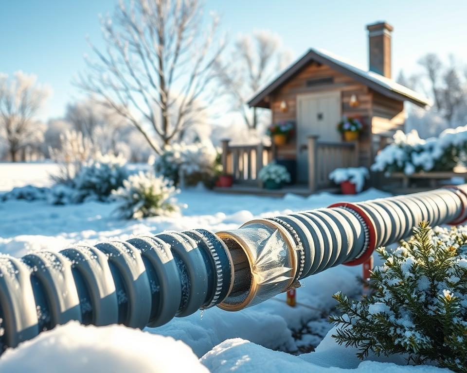 A detailed depiction of a frost-proof water supply line in a garden setting, showcasing a well-insulated pipe surrounded by winter-friendly foliage. In the foreground, the focus is on the sturdy, insulated piping covered with frost-resistant material, glistening in soft winter sunlight. In the middle ground, a rustic garden house stands resiliently against a backdrop of light snowfall, with decorative plants and a layer of frost on the window. The background features a serene winter landscape, with snow-covered trees and a clear blue sky. The scene is illuminated by soft, natural light creating a calm and inviting atmosphere, perfect for illustrating winter-proofing the outdoor water supply. A detailed depiction of a frost-proof water supply line in a garden setting, showcasing a well-insulated pipe surrounded by winter-friendly foliage. In the foreground, the focus is on the sturdy, insulated piping covered with frost-resistant material, glistening in soft winter sunlight. In the middle ground, a rustic garden house stands resiliently against a backdrop of light snowfall, with decorative plants and a layer of frost on the window. The background features a serene winter landscape, with snow-covered trees and a clear blue sky. The scene is illuminated by soft, natural light creating a calm and inviting atmosphere, perfect for illustrating winter-proofing the outdoor water supply.