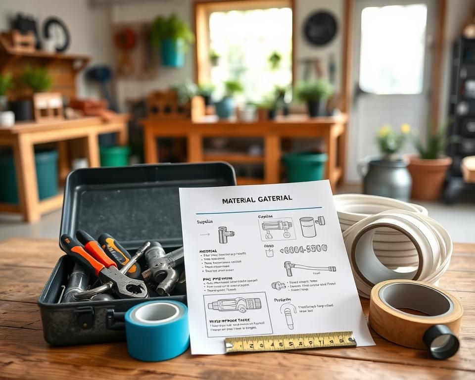 A detailed flat lay of a material and tool list for garden house water connection installation. In the foreground, an open toolbox revealing essential tools like a wrench, pliers, and screwdriver, neatly arranged. Beside the toolbox, a roll of waterproof tape and a large spool of garden hose. In the middle, a printed material list showing supplies such as PVC pipes, connectors, and a faucet, along with a measuring tape for accuracy. In the background, a soft, natural light filters through a window, creating a warm, inviting atmosphere. The setting is a well-organized workshop or garage, with wooden workbenches and gardening supplies subtly blurred to keep the focus on the installation materials. The overall mood is functional and prepared, reflecting a DIY spirit. A detailed flat lay of a material and tool list for garden house water connection installation. In the foreground, an open toolbox revealing essential tools like a wrench, pliers, and screwdriver, neatly arranged. Beside the toolbox, a roll of waterproof tape and a large spool of garden hose. In the middle, a printed material list showing supplies such as PVC pipes, connectors, and a faucet, along with a measuring tape for accuracy. In the background, a soft, natural light filters through a window, creating a warm, inviting atmosphere. The setting is a well-organized workshop or garage, with wooden workbenches and gardening supplies subtly blurred to keep the focus on the installation materials. The overall mood is functional and prepared, reflecting a DIY spirit.
