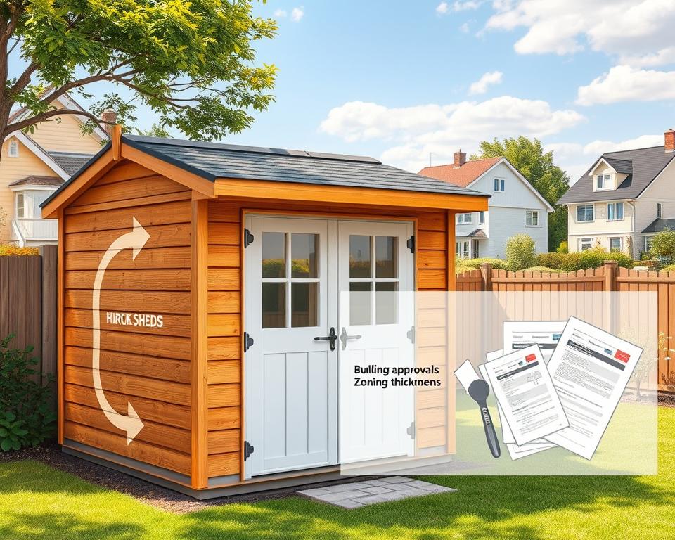 A detailed illustration of a garden shed situated in a residential area, featuring diverse wall thicknesses to emphasize building regulations. In the foreground, a well-constructed garden shed with a modern design, showcasing robust walls and safety features such as fire-resistant materials. In the middle ground, a symbolic representation of zoning approvals, like blueprints and official documents, subtly blended into the scene. The background displays a friendly neighborhood with houses set at a safe distance, highlighting community regulations. Soft natural lighting illuminates the scene, emphasizing the shed's structure. Use a wide-angle lens perspective to capture the entire setting, creating a balanced, informative atmosphere that reflects compliance with fire safety and neighborhood laws. A detailed illustration of a garden shed situated in a residential area, featuring diverse wall thicknesses to emphasize building regulations. In the foreground, a well-constructed garden shed with a modern design, showcasing robust walls and safety features such as fire-resistant materials. In the middle ground, a symbolic representation of zoning approvals, like blueprints and official documents, subtly blended into the scene. The background displays a friendly neighborhood with houses set at a safe distance, highlighting community regulations. Soft natural lighting illuminates the scene, emphasizing the shed's structure. Use a wide-angle lens perspective to capture the entire setting, creating a balanced, informative atmosphere that reflects compliance with fire safety and neighborhood laws.