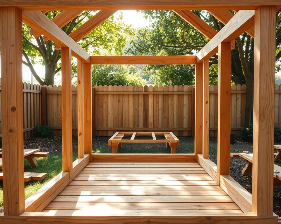 A detailed illustration of a wooden frame and floor construction for a child’s wooden playhouse. In the foreground, wooden beams are being assembled, showcasing the intricate joinery techniques, with a focus on the strong connections forming the framework. In the middle ground, a partially built floor made of wooden planks is visible, laying on sturdy supports. The background features a serene backyard scene with soft sunlight filtering through tree leaves, casting dappled shadows. The atmosphere is inviting and warm, suggesting a productive DIY project. Use bright, natural lighting to highlight the textures of the wood, shot from a slightly elevated angle to capture both the frame and the floor. A detailed illustration of a wooden frame and floor construction for a child’s wooden playhouse. In the foreground, wooden beams are being assembled, showcasing the intricate joinery techniques, with a focus on the strong connections forming the framework. In the middle ground, a partially built floor made of wooden planks is visible, laying on sturdy supports. The background features a serene backyard scene with soft sunlight filtering through tree leaves, casting dappled shadows. The atmosphere is inviting and warm, suggesting a productive DIY project. Use bright, natural lighting to highlight the textures of the wood, shot from a slightly elevated angle to capture both the frame and the floor.