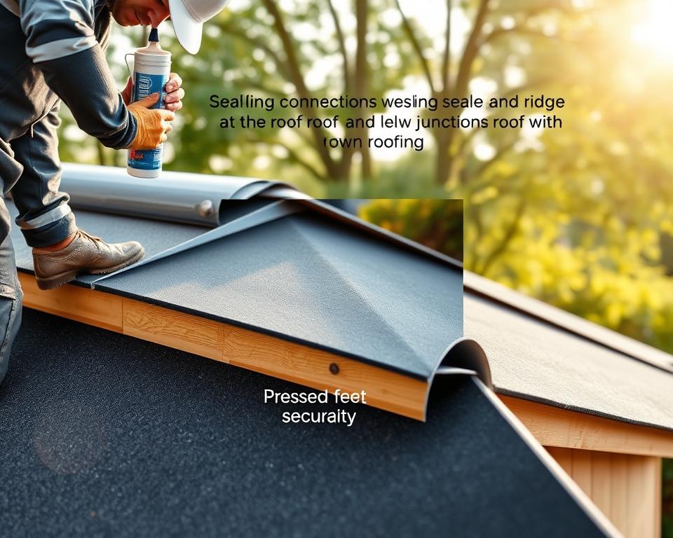 A detailed illustration of the sealing process for connections at the ridge and wall junctions of a garden shed roof covered with roofing felt. In the foreground, show a close-up of a skilled roofer applying sealant to the edges where the roof meets the walls, wearing professional work attire. The middle layer features a section of the garden shed’s roof, showcasing the felt material being pressed down securely. The background highlights a tranquil garden setting, with soft sunlight filtering through trees, creating a warm and inviting atmosphere. The image should be captured from a slightly elevated angle to emphasize the roofing techniques and materials, ensuring clarity and focus on the sealing process without any text or annotations.
