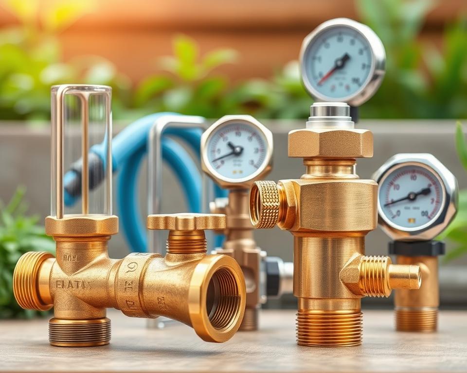 A detailed illustration showcasing a variety of plumbing fixtures designed for gardening use, such as taps, valves, filters, and safety devices. In the foreground, focus on a shiny brass tap with clear, intricate details, alongside a high-quality water filter and a pressure relief valve. In the middle ground, arrange additional components like hose connections and a water pressure gauge, creating a sense of depth. The background features a subtle garden setting with greenery peeking through, adding a natural touch. Use soft, diffused lighting to create a bright and welcoming atmosphere. The image should evoke a sense of reliability and professionalism, capturing the essence of essential garden water connection equipment. A detailed illustration showcasing a variety of plumbing fixtures designed for gardening use, such as taps, valves, filters, and safety devices. In the foreground, focus on a shiny brass tap with clear, intricate details, alongside a high-quality water filter and a pressure relief valve. In the middle ground, arrange additional components like hose connections and a water pressure gauge, creating a sense of depth. The background features a subtle garden setting with greenery peeking through, adding a natural touch. Use soft, diffused lighting to create a bright and welcoming atmosphere. The image should evoke a sense of reliability and professionalism, capturing the essence of essential garden water connection equipment.