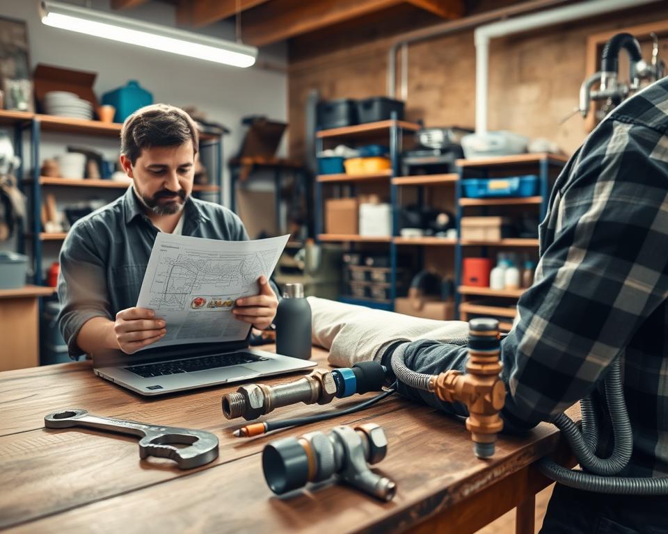 A detailed indoor scene showcasing a practical troubleshooting environment for setting up a garden house water connection. In the foreground, a professional in modest casual clothing is examining a diagram on a laptop, with tools like a wrench and pipe fittings laid out on a workbench. The middle ground features a partially constructed water connection with hoses and valves, showing common mistakes like incorrect fittings or loose connections. The background includes a well-organized workshop with shelves filled with plumbing supplies, a bright overhead light casts a warm glow, adding to a focused, problem-solving atmosphere. The overall mood is constructive, emphasizing learning from typical errors during installation. A detailed indoor scene showcasing a practical troubleshooting environment for setting up a garden house water connection. In the foreground, a professional in modest casual clothing is examining a diagram on a laptop, with tools like a wrench and pipe fittings laid out on a workbench. The middle ground features a partially constructed water connection with hoses and valves, showing common mistakes like incorrect fittings or loose connections. The background includes a well-organized workshop with shelves filled with plumbing supplies, a bright overhead light casts a warm glow, adding to a focused, problem-solving atmosphere. The overall mood is constructive, emphasizing learning from typical errors during installation.
