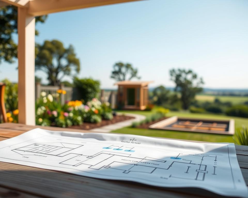 A detailed layout of a garden house being planned for a water connection, featuring a close-up view in the foreground of a blueprint on a wooden table. The blueprint shows the garden house, water supply lines, and strategic placement for faucets and drainage. In the middle ground, a lush garden with colorful flowers, a small path, and the foundation of the garden house under construction. The background includes a peaceful landscape with trees and a clear blue sky. Soft, natural lighting illuminates the scene, casting gentle shadows. The atmosphere is calm and focused, reflecting a meticulous approach to planning for a functional and beautiful garden space. A detailed layout of a garden house being planned for a water connection, featuring a close-up view in the foreground of a blueprint on a wooden table. The blueprint shows the garden house, water supply lines, and strategic placement for faucets and drainage. In the middle ground, a lush garden with colorful flowers, a small path, and the foundation of the garden house under construction. The background includes a peaceful landscape with trees and a clear blue sky. Soft, natural lighting illuminates the scene, casting gentle shadows. The atmosphere is calm and focused, reflecting a meticulous approach to planning for a functional and beautiful garden space.