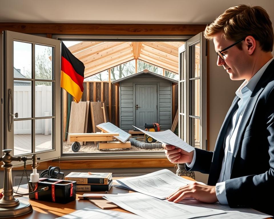 A detailed scene illustrating the legal foundations and permits in Germany for installing a water connection to a garden shed. In the foreground, a professional person, dressed in business attire, is analyzing documents and blueprints on a desk. The middle ground features a large, open window showing a garden shed under construction, with plumbing materials and tools neatly arranged around it. In the background, a partially visible German flag waves gently, symbolizing local regulations. The lighting is bright and natural, creating a positive atmosphere that conveys professionalism and clarity. The angle is slightly elevated to capture the entire scene harmoniously, emphasizing the importance of legal compliance in home projects. A detailed scene illustrating the legal foundations and permits in Germany for installing a water connection to a garden shed. In the foreground, a professional person, dressed in business attire, is analyzing documents and blueprints on a desk. The middle ground features a large, open window showing a garden shed under construction, with plumbing materials and tools neatly arranged around it. In the background, a partially visible German flag waves gently, symbolizing local regulations. The lighting is bright and natural, creating a positive atmosphere that conveys professionalism and clarity. The angle is slightly elevated to capture the entire scene harmoniously, emphasizing the importance of legal compliance in home projects.