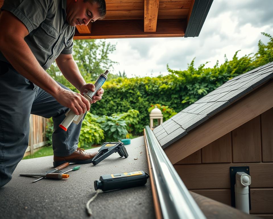 A detailed scene illustrating the process of sealing a garden shed roof and effectively diverting rainwater to prevent leaks. In the foreground, a professional handyman in casual but neat attire is applying a waterproof sealant to the edges of a pitched roof, focusing on the joints and seams. The middle section shows tools scattered around, including a caulking gun and a water diversion system, like gutters and downspouts. In the background, a lush garden with vibrant greenery contrasts with the cloudy sky, hinting at impending rain. The atmosphere is one of diligence and preparedness, with soft, natural lighting enhancing the scene. Capture the image from a low angle, emphasizing the hands-on work and creating a sense of depth and engagement. A detailed scene illustrating the process of sealing a garden shed roof and effectively diverting rainwater to prevent leaks. In the foreground, a professional handyman in casual but neat attire is applying a waterproof sealant to the edges of a pitched roof, focusing on the joints and seams. The middle section shows tools scattered around, including a caulking gun and a water diversion system, like gutters and downspouts. In the background, a lush garden with vibrant greenery contrasts with the cloudy sky, hinting at impending rain. The atmosphere is one of diligence and preparedness, with soft, natural lighting enhancing the scene. Capture the image from a low angle, emphasizing the hands-on work and creating a sense of depth and engagement.