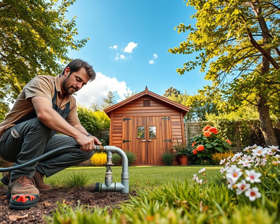 A detailed scene of a professional installer setting up a water connection for a garden shed. The foreground features a focused individual wearing practical work attire, crouched near the ground, expertly connecting pipes and tools laid out nearby. In the middle, the garden shed is seen with its wooden structure and a small window, surrounded by lush green grass and blooming flowers. The background showcases a clear blue sky with a few fluffy clouds, while vibrant trees provide shade. Soft, natural lighting bathes the scene, with a warm atmosphere that conveys a productive and serene gardening environment. Capture the angle from slightly above, showcasing the installer and the well-maintained garden. A detailed scene of a professional installer setting up a water connection for a garden shed. The foreground features a focused individual wearing practical work attire, crouched near the ground, expertly connecting pipes and tools laid out nearby. In the middle, the garden shed is seen with its wooden structure and a small window, surrounded by lush green grass and blooming flowers. The background showcases a clear blue sky with a few fluffy clouds, while vibrant trees provide shade. Soft, natural lighting bathes the scene, with a warm atmosphere that conveys a productive and serene gardening environment. Capture the angle from slightly above, showcasing the installer and the well-maintained garden.