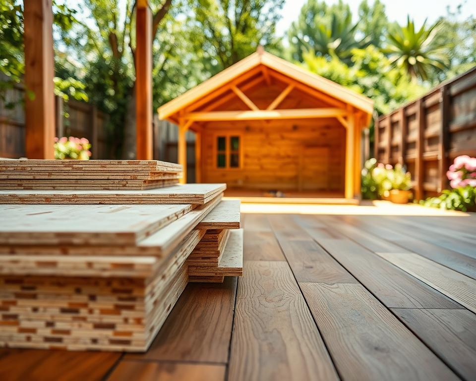 A detailed scene showcasing OSB, plywood, and floorboards as flooring options for a wooden garden house. In the foreground, neatly arranged stacks of OSB boards and plywood sheets, displaying their wood grains and textures, contrasted with polished wooden floorboards. In the middle ground, a partially completed wooden garden house, emphasizing the underfloor structure with visible joinery and support beams. The background features a serene garden setting, with greenery and flowers softly blurred for depth. Natural daylight filters through, casting gentle shadows and creating a warm, inviting atmosphere. Use a wide-angle lens perspective to capture the entire scene, enhancing the sense of space and craftsmanship. Focus on showcasing materials in a harmonious and aesthetically pleasing manner.