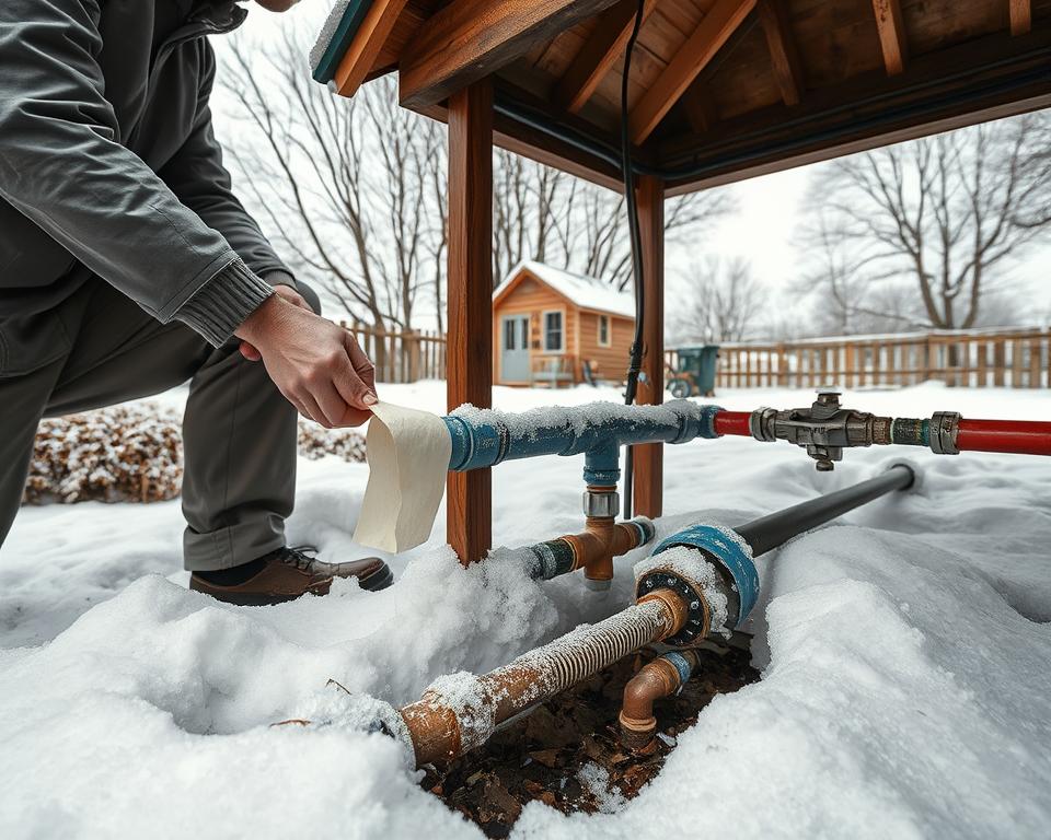A detailed scene showcasing a gardener working to winterize water and electrical lines for a garden shed. In the foreground, a person in modest casual clothing is carefully insulating exposed pipes and cables with foam tape and protective covers. The middle of the image features well-maintained water lines and electrical conduits surrounded by freshly fallen snow, with glistening frost on nearby wooden structures. In the background, a cozy garden shed and bare trees add to the winter landscape, under a soft, overcast sky that diffuses the light. The atmosphere is calm and focused, capturing a sense of preparation and care for the winter months. The angle of the shot should emphasize the action, with a slight downward tilt to include the surrounding environment. A detailed scene showcasing a gardener working to winterize water and electrical lines for a garden shed. In the foreground, a person in modest casual clothing is carefully insulating exposed pipes and cables with foam tape and protective covers. The middle of the image features well-maintained water lines and electrical conduits surrounded by freshly fallen snow, with glistening frost on nearby wooden structures. In the background, a cozy garden shed and bare trees add to the winter landscape, under a soft, overcast sky that diffuses the light. The atmosphere is calm and focused, capturing a sense of preparation and care for the winter months. The angle of the shot should emphasize the action, with a slight downward tilt to include the surrounding environment.