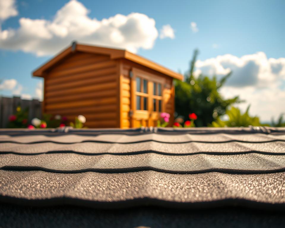 A detailed view of a well-maintained garden shed with a durable bitumen roofing. In the foreground, showcase the textured surface of bitumen roofing material, glistening under the warm sunlight. In the middle, include a sturdy, corner garden shed, its wooden structure painted in earthy tones, surrounded by vibrant greenery such as flowers and shrubs. The background features a clear blue sky with fluffy clouds for a serene atmosphere. Soft, natural lighting enhances the colors of the scene, creating a peaceful, inviting mood. The angle should be slightly elevated to capture the roof's details and provide a comprehensive view of the shed's surroundings, emphasizing the maintenance aspect of the roofing. No text or logos present.