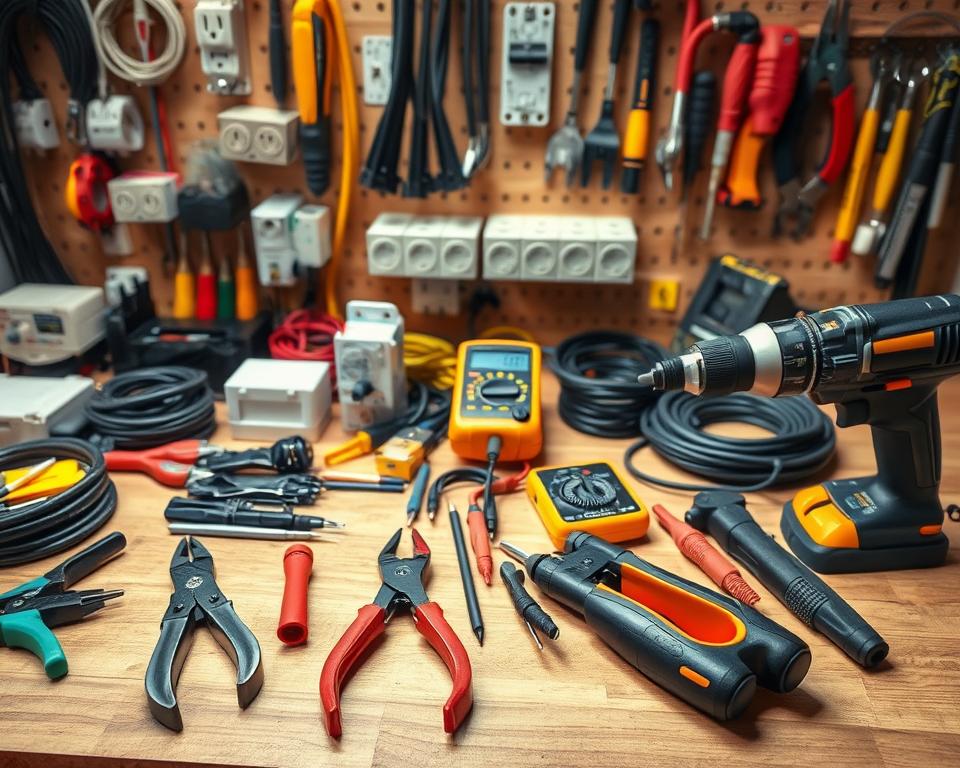 A detailed workbench scene showcasing a comprehensive list of materials and tools for electrical installation in a garden shed. In the foreground, neatly arranged tools such as wire strippers, pliers, a multimeter, and a drill, all on a wooden surface. The middle ground features various electrical components like cables, outlets, and circuit breakers. The background includes an organized pegboard displaying additional tools like screwdrivers and measuring tape. The lighting should be bright and natural, illuminating the workspace to create a focused yet inviting atmosphere. Angle the shot slightly from above to capture depth and details, evoking a sense of professionalism and readiness for the project. The overall mood should be practical and inspiring, ideal for an instructional context.