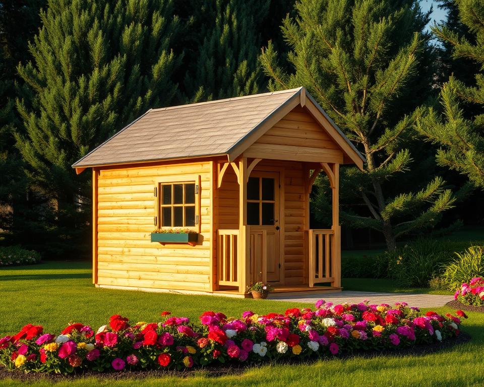 A meticulously maintained spruce wood garden house situated in a lush, green garden setting. In the foreground, showcase a well-kept flower bed with vibrant blooms surrounding the base of the garden house, emphasizing its natural appeal. The middle ground features the garden house itself, crafted from rich, textured spruce wood with a charming, rustic design, complete with a sloped roof and inviting porch. In the background, include tall, stately spruce trees, adding depth and an organic feel to the scene. The lighting is warm and inviting, reminiscent of late afternoon sun, casting gentle shadows that enhance the textures of the wood. Capture the image from a slight low angle, giving the garden house an impressive stature, evoking a sense of tranquility and harmony with nature. The overall atmosphere is serene, showcasing the beauty and maintenance of spruce wood garden houses.