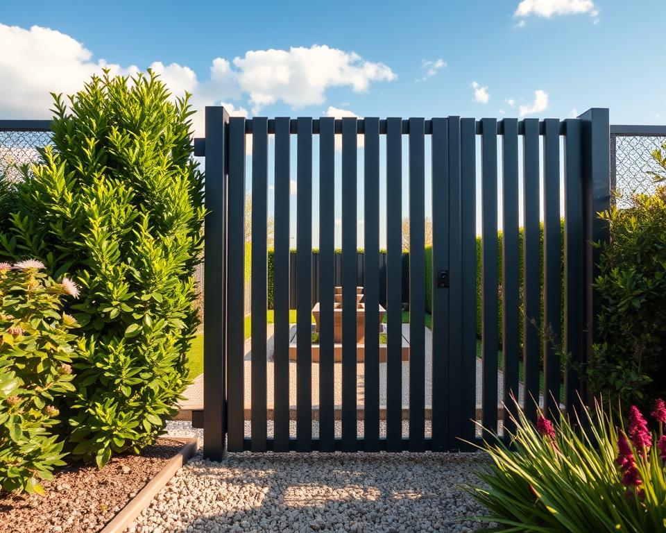 A modern Sichtschutztor (privacy gate) designed for a garden, featuring sleek, vertical metal slats in a matte finish. The gate stands prominently in the foreground, flanked by lush green shrubs and flowering plants. In the middle ground, a well-maintained gravel path leads to a serene garden area with a small water feature. The background showcases a clear blue sky with soft, fluffy clouds, creating a tranquil atmosphere. The scene is lit by warm, soft sunlight, emphasizing the textures of the gate and surrounding foliage. A low-angle view captures the height of the gate and invites the viewer into the garden space, evoking a sense of privacy and intimacy.
