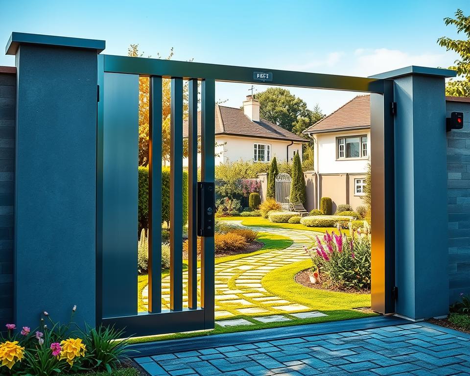 A modern electric garden gate showcasing advanced automation technology. In the foreground, a sleek, stainless-steel gate is partially open, revealing sophisticated sensors and control panels integrated seamlessly. The middle ground features a beautifully landscaped garden with lush greenery, flowers, and a cobblestone pathway leading to the gate. In the background, a tranquil suburban setting with pastel-colored houses and a clear blue sky enhances the scene. Soft, natural lighting bathes the gate, creating a welcoming atmosphere. Use a slightly low angle to emphasize the gate’s height and grandeur, ensuring the image conveys a sense of luxury and convenience.