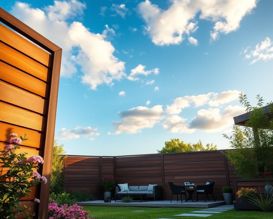 A modern outdoor space featuring sophisticated WPC privacy fences showcasing sleek, elegant designs for low-maintenance living. In the foreground, a stylish WPC fence in rich brown hues, clean lines, and a smooth finish, complemented by lush greenery and colorful flowering plants. The middle ground presents a serene patio with contemporary outdoor furniture and tasteful decor, inviting relaxation and comfort. In the background, a clear blue sky with soft, scattered clouds enhances the tranquil atmosphere, illuminated by warm, natural sunlight casting gentle shadows. The scene evokes a sense of refined elegance and harmony with nature, ideal for a stylish, private retreat. The angle captures the depth and beauty of the space, focusing on the exquisite details of the fence and surrounding environment.