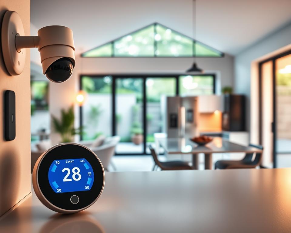 A modern, sleek smart home interior featuring energy-efficient appliances and advanced security features. In the foreground, a smart thermostat displays energy monitoring data on a digital screen. To the left, a security camera is subtly integrated into the design, emphasizing home safety. In the middle, an open concept kitchen showcases smart devices like a smart refrigerator and an automated coffee maker, highlighting the convenience of connected living. Backlit windows let in soft, warm natural light, creating an inviting atmosphere. The background reveals a serene garden visible through the glass doors, symbolizing the connection between indoor efficiency and outdoor space. The overall mood is calm and sophisticated, reflecting a blend of technology, comfort, and security in a home setting.