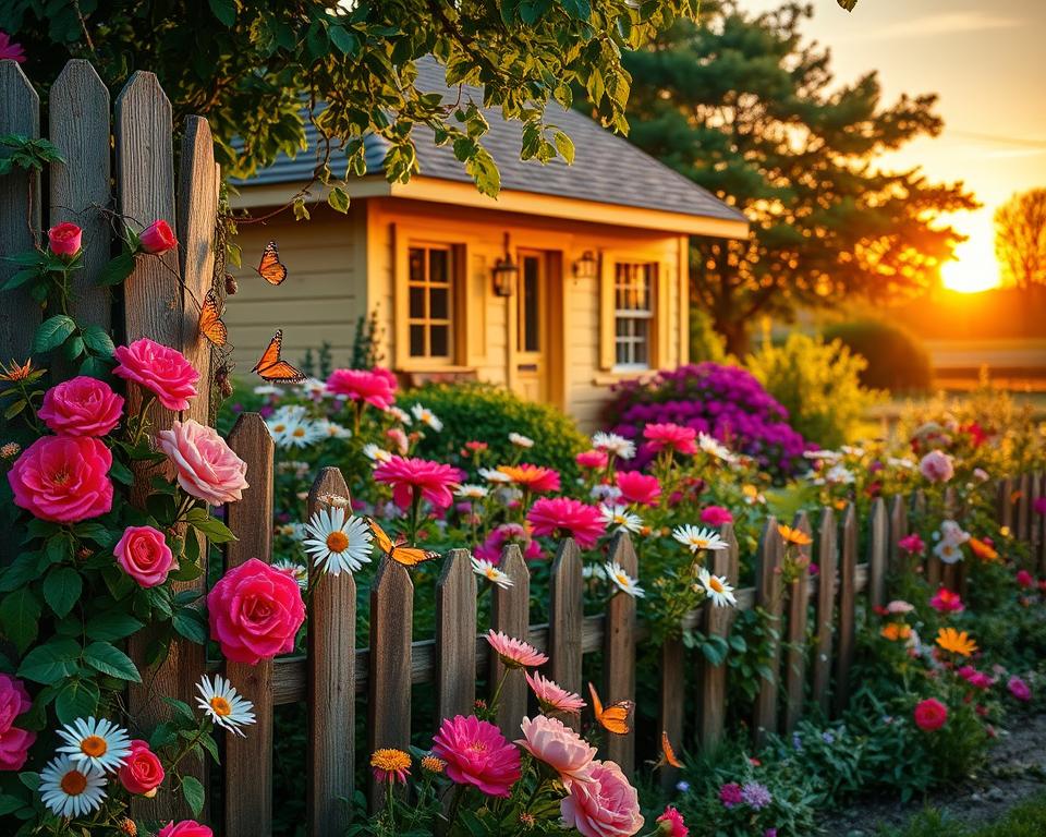 A picturesque summer scene featuring a charming garden house in full bloom, surrounded by vibrant flowers of various colors—roses, daisies, and peonies—nestled in lush greenery. In the foreground, a rustic wooden fence adorned with climbing vines adds character, while butterflies flutter gracefully around. The middle ground showcases the garden house, painted a warm, inviting hue, with its windows open to the soft breeze. In the background, the sun sets, casting a golden hue over the landscape, creating a warm and serene atmosphere. Soft, diffused lighting enhances the vivid colors and adds a dreamy quality to the scene, as if capturing a moment of perfect tranquility. A picturesque summer scene featuring a charming garden house in full bloom, surrounded by vibrant flowers of various colors—roses, daisies, and peonies—nestled in lush greenery. In the foreground, a rustic wooden fence adorned with climbing vines adds character, while butterflies flutter gracefully around. The middle ground showcases the garden house, painted a warm, inviting hue, with its windows open to the soft breeze. In the background, the sun sets, casting a golden hue over the landscape, creating a warm and serene atmosphere. Soft, diffused lighting enhances the vivid colors and adds a dreamy quality to the scene, as if capturing a moment of perfect tranquility.