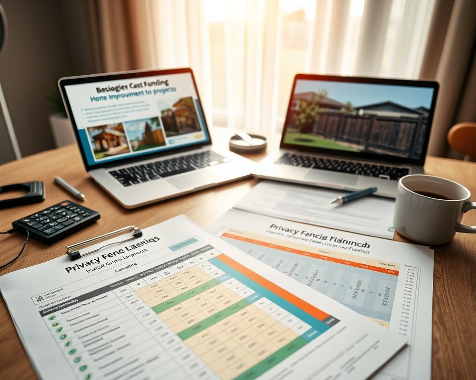 A professional and organized workspace featuring a desktop with various financial planning tools. In the foreground, a detailed budget planning sheet sits alongside a colorful cost comparison chart, highlighting different fence options for privacy. A calculator and a cup of coffee are placed nearby, adding a personal touch. The middle background showcases a laptop displaying grant and funding opportunities for home improvement projects, with images of stylish privacy fences on the screen. Natural light pours in through a window, creating a warm and inviting atmosphere, while a soft-focus view of a modern fence can be seen outside. The overall mood is one of determination and clarity, emphasizing careful planning and informed decision-making in home improvement.