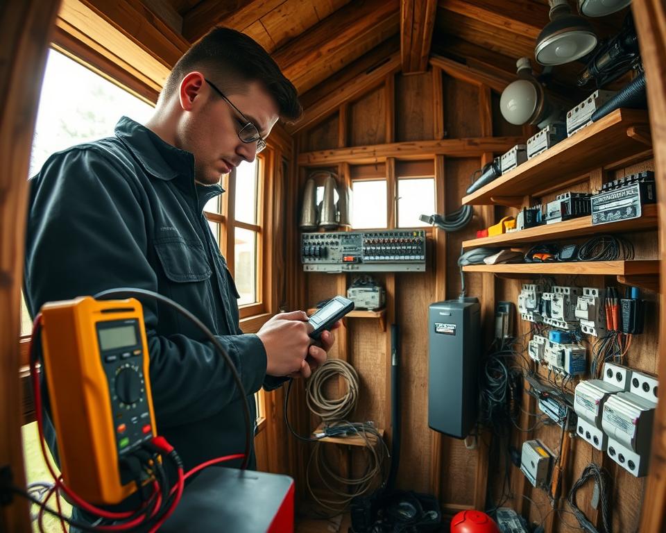 A professional electrician in a well-equipped garden shed, meticulously measuring and testing electrical circuits. In the foreground, detailed tools such as a multimeter and voltage tester are visibly engaged in use. The middle ground features a neatly organized workspace with wiring, circuit breakers, and LED lights ready for installation. In the background, sunlight filters through a window, casting warm light on the wooden beams and shelves lined with tools, creating a practical yet inviting atmosphere. The mood is focused and efficient, highlighting precision and safety in electrical work. The scene is captured with a wide-angle lens to encompass both the technical activities and the serene garden exterior visible through the shed window.