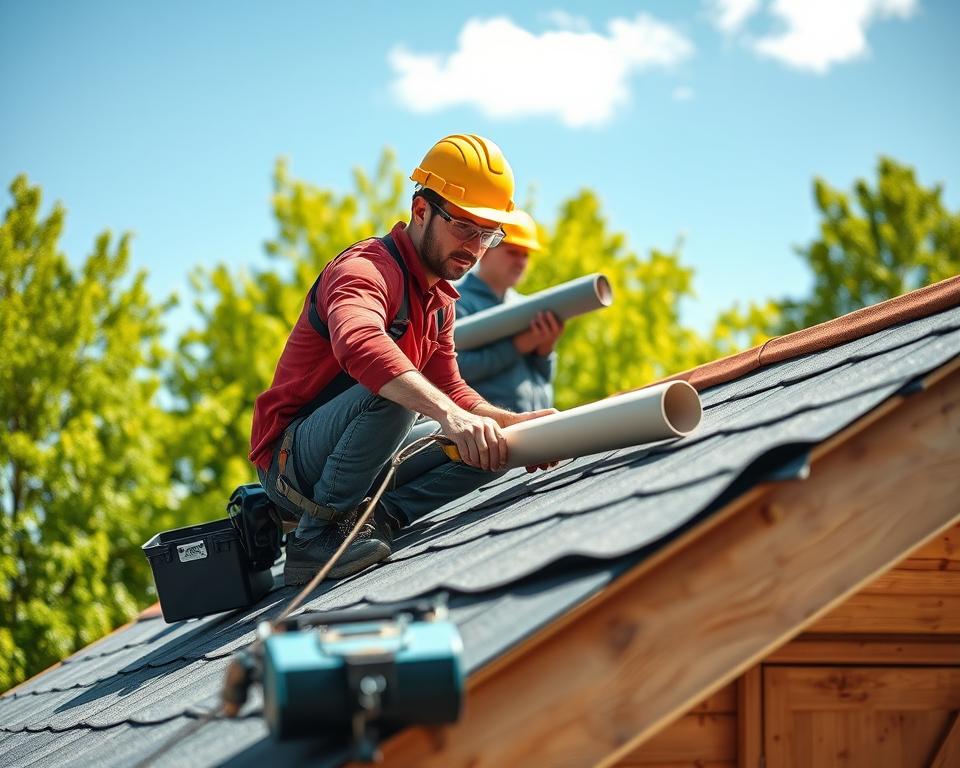 A professional roofer wearing a hard hat and safety goggles is on a sloping garden shed roof, measuring and cutting roofing felt. The foreground showcases safety equipment, including a harness and a toolbox. In the middle ground, an additional worker is holding a roll of roofing material, both figures positioned against a backdrop of vibrant green trees and blue sky. The scene captures the essence of health and safety in roofing work, emphasizing the importance of protective gear and teamwork. The lighting is bright and sunny, casting natural shadows to enhance the three-dimensionality of the scene. The atmosphere conveys a sense of diligence and safety compliance, illustrating the responsibilities involved in rooftop work.