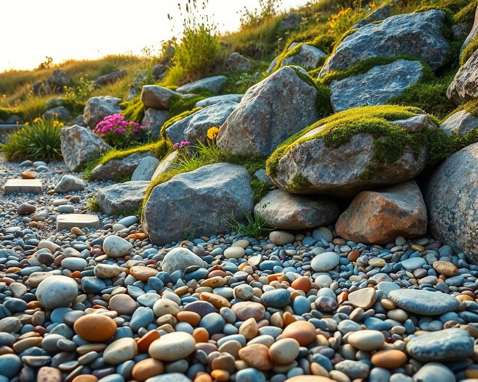 A serene and beautifully designed natural stone garden featuring various types of natural stones such as granite, limestone, and slate. In the foreground, a detailed arrangement of smooth, rounded pebbles and colorful gravel contrasts against the rough textures of larger stones. The middle ground showcases carefully placed boulders intertwined with greenery, displaying flowering plants and lush moss. The background features a gentle slope with wildflowers and a soft, sunny sky casting warm, inviting light across the scene, creating a peaceful atmosphere. The image should be captured from a slightly elevated angle to provide depth and maintain focus on the texture and arrangement of the stones. Aim for a vibrant yet calming palette, emphasizing the natural beauty and harmony of materials in the stone garden.