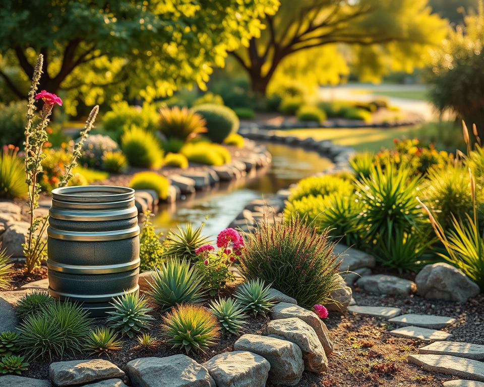 A serene and vibrant garden scene showcasing sustainable water management practices. In the foreground, a variety of drought-resistant plants, such as succulents and native flowers, are arranged harmoniously in a stone garden bed. A small, elegantly designed rainwater collection barrel sits nearby, glistening under soft, natural daylight. In the middle ground, a gentle, meandering stream of recycled water weaves through the landscape, reflecting the lush greenery on its banks. The background features a softly blurred backdrop of trees, providing shade and habitat. The scene is bathed in warm, golden sunlight, creating a tranquil and inviting atmosphere. Capture the essence of sustainability and water conservation in a harmonious garden setting.