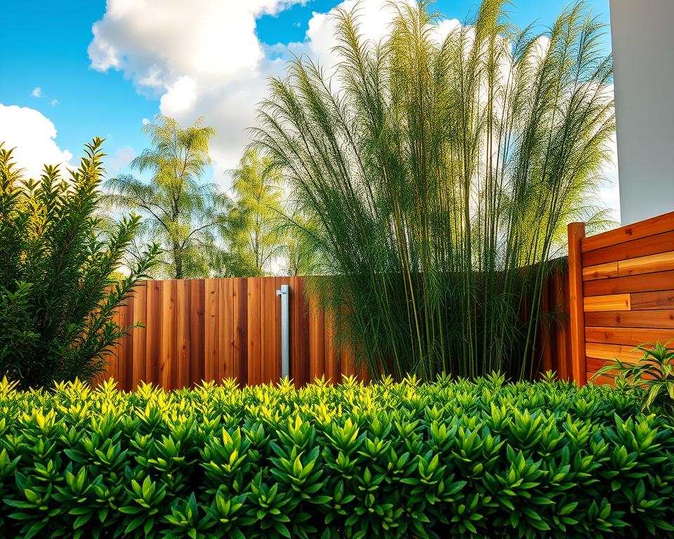 A serene and vibrant garden setting showcasing a variety of lush hedges, bamboo plants, and natural materials used for privacy fencing. In the foreground, a well-maintained hedge forms a green barrier, with soft sunlight filtering through its leaves. In the middle ground, tall bamboo stalks sway gently, their vibrant green contrasting with a rustic wooden fence made from natural timber. The background features a bright blue sky with fluffy white clouds, creating an inviting atmosphere. The scene is captured with a warm golden hour lighting, enhancing the natural textures and colors. The angle of the view is slightly elevated, providing a comprehensive perspective of this harmonious outdoor space. The overall mood is tranquil and refreshing, perfect for illustrating the beauty of living alternatives in garden design.