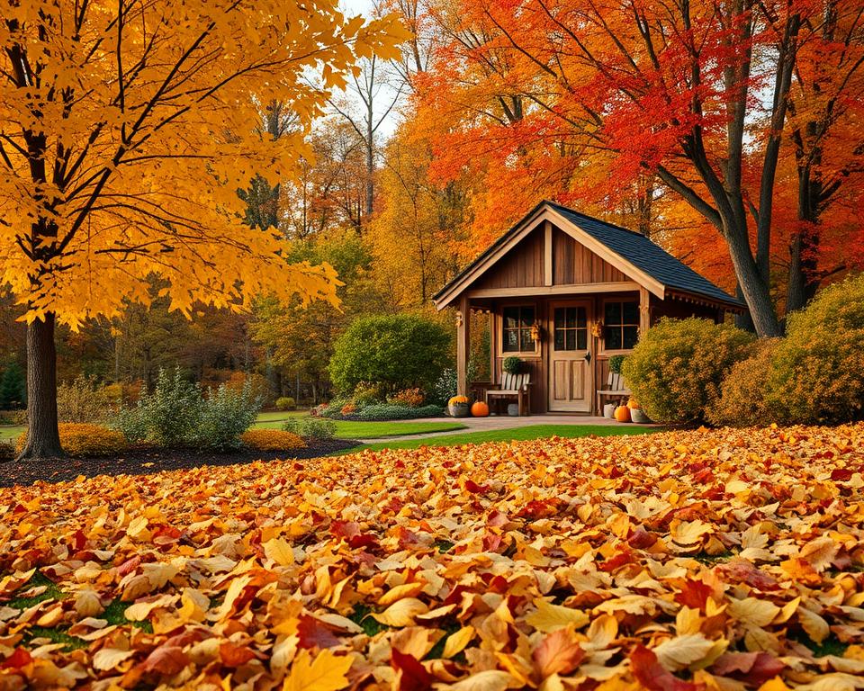 A serene autumn scene featuring vibrant fall foliage in a variety of warm hues—golden yellows, fiery reds, and rich oranges—surrounding a charming garden house. In the foreground, a carpet of fallen leaves adds texture, while the middle ground showcases the garden house with its rustic wooden exterior, nestled among lush greenery and decorative pumpkins, capturing the essence of harvest season. The background is a softly blurred mosaic of trees, their branches adorned with colorful leaves, bathed in the warm, golden light of an October sunset. The scene conveys a tranquil, cozy atmosphere, evoking a sense of peace and nostalgia. The lighting should be soft and warm, enhancing the golden hour effect, shot with a wide-angle lens to encompass the entire landscape while maintaining depth.