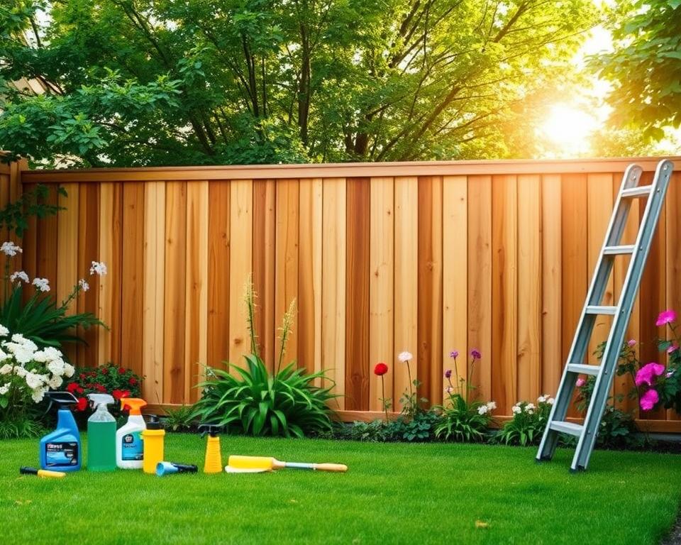 A serene backyard setting featuring a well-maintained privacy fence, symbolizing longevity and durability. In the foreground, showcase tools for maintenance — a neatly arranged set of cleaning supplies and a sturdy ladder. In the middle, the fence stands tall and pristine, made of natural wood with a rich grain, surrounded by vibrant greenery and blooming flowers that display the importance of upkeep. In the background, soft sunlight filters through the foliage, creating a warm, inviting atmosphere. Capture this scene from a slightly elevated angle to emphasize the fence's height and strength against the natural habitat, conveying a sense of care and responsibility in outdoor maintenance. The overall mood should be calm and refreshing, reflecting a commitment to sustainability.