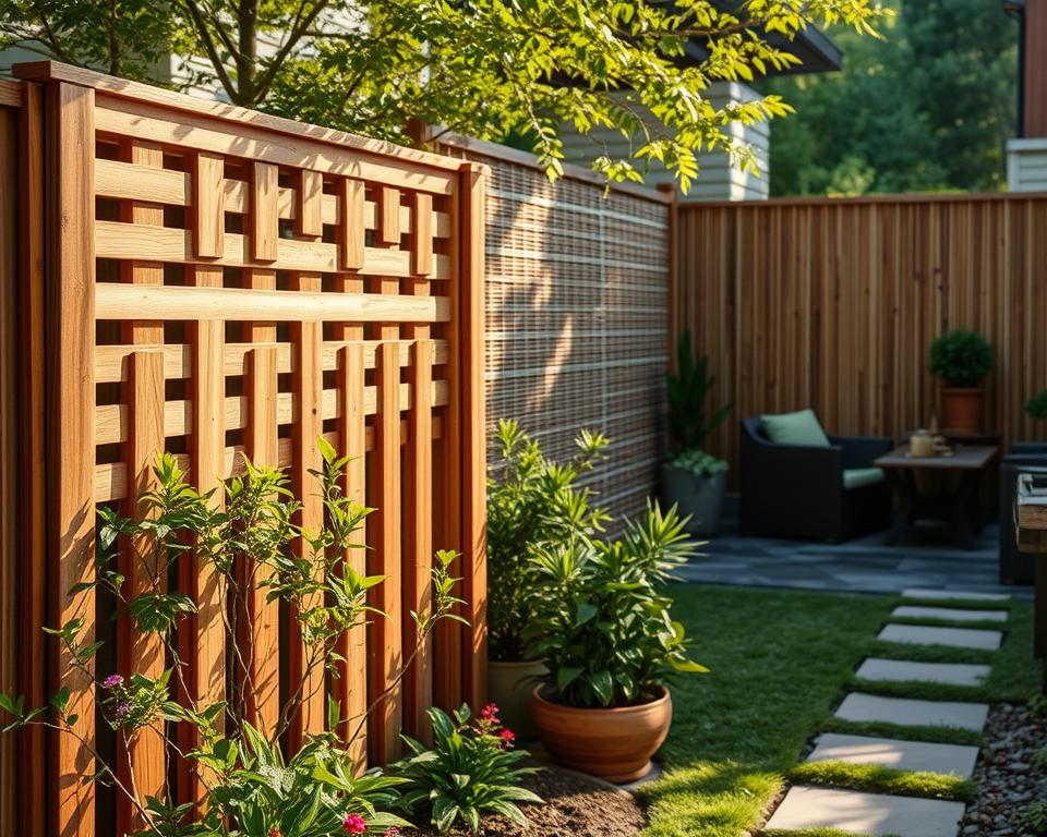 A serene backyard setting showcasing the most popular privacy fences, emphasizing different styles such as wooden slats, bamboo, and vinyl. In the foreground, a beautifully designed wooden fence with intricate details and natural textures, complemented by lush green plants and colorful flowers. The middle ground features a bamboo fence with a tranquil zen garden vibe, while the background includes a cozy outdoor seating area with tasteful decor. The lighting is soft and warm, mimicking a late afternoon sun, with gentle shadows enhancing the textures of the materials. The atmosphere is peaceful and inviting, conveying a sense of privacy and tranquility, ideal for relaxation in a residential setting.