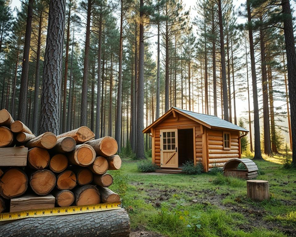 A serene forest scene showcasing the cost efficiency of spruce wood. In the foreground, neatly stacked logs of spruce wood, emphasizing their natural grain and texture, with a measuring tape beside them to symbolize value. The middle ground features a small wooden garden shed made entirely of spruce wood, highlighting craftsmanship and aesthetic appeal. Soft, warm light filters through the canopy of tall spruce trees in the background, creating dappled shadows on the forest floor, enhancing a tranquil and productive atmosphere. The angle is slightly elevated, capturing both the shed and the forest expanse, instilling a sense of harmony and sustainability. The mood is calm and inviting, showcasing the practical advantages of spruce wood in a garden setting.