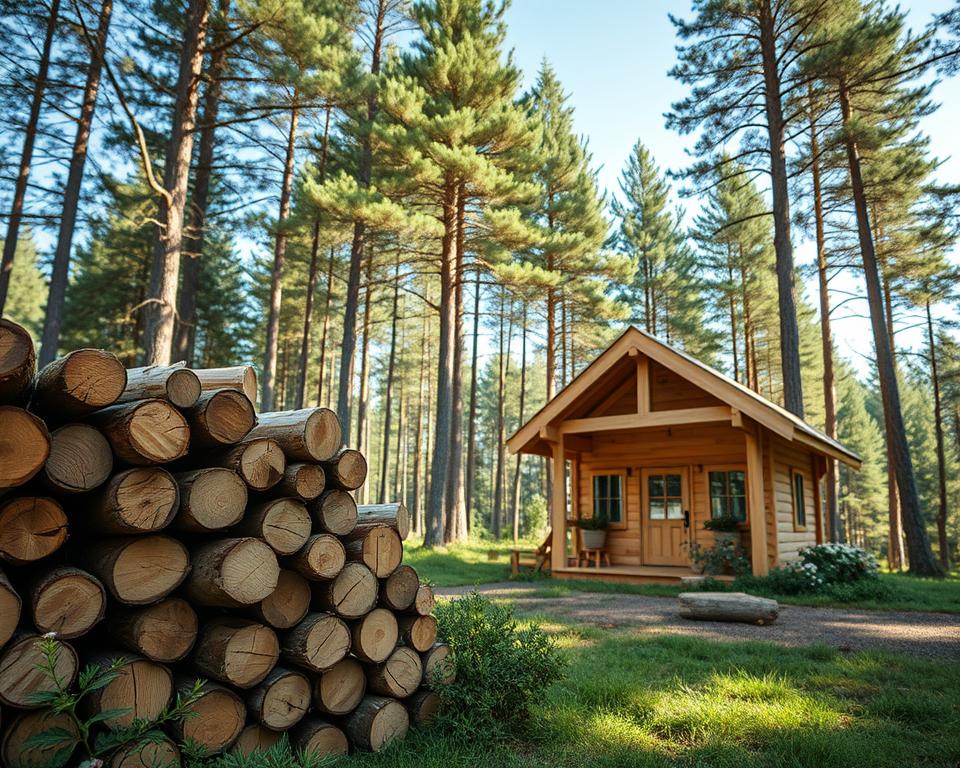 A serene forest scene showcasing the sustainability of spruce wood. In the foreground, a neatly arranged stack of spruce logs, rich in texture and hues of light brown and green, symbolizing eco-friendliness. The middle ground features a cozy wooden garden house crafted from untreated spruce, blending harmoniously with nature, adorned with greenery and flowering plants around it. In the background, tall, healthy spruce trees stretch towards a clear blue sky, dappled sunlight filtering through the branches, casting soft shadows on the ground. The atmosphere is tranquil and inviting, evoking a sense of environmental responsibility and harmony. The image is captured with natural lighting, from a slightly elevated angle, offering a warm, inviting perspective.
