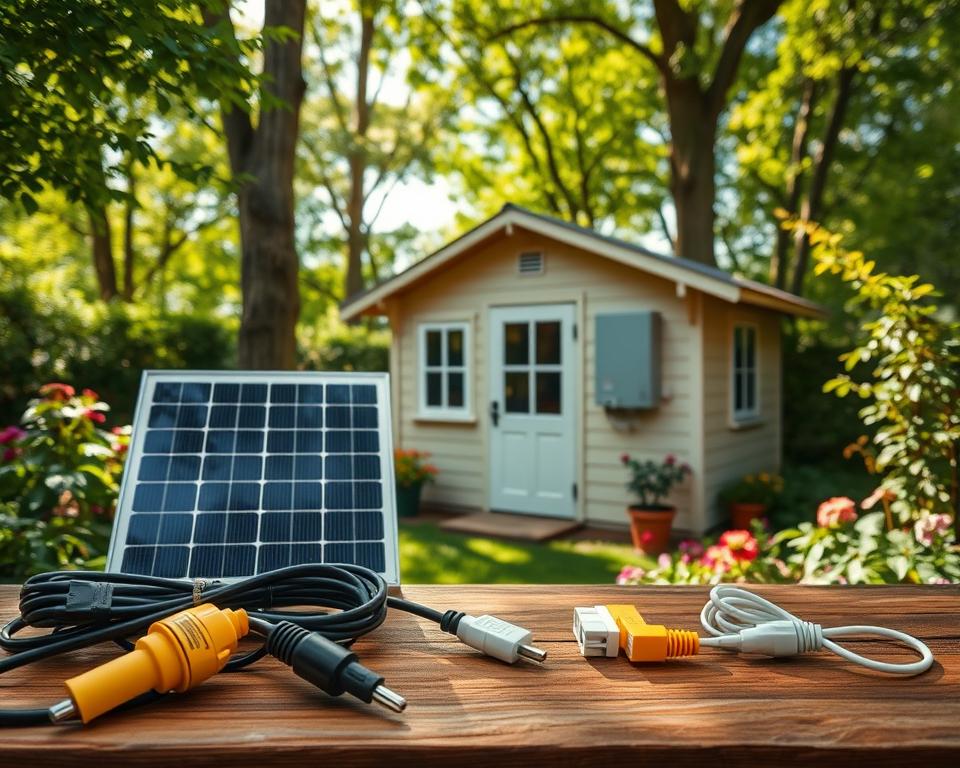 A serene garden house surrounded by lush greenery, showcasing various options for electricity supply. In the foreground, a range of power options, including extension cords, solar panels, and traditional electrical cables, elegantly arranged on a wooden table. The middle ground features a charming garden house with a well-maintained exterior, highlighting an electrical panel on the side. In the background, tall trees and colorful flowers create a tranquil ambiance. Soft natural light filters through the leaves, casting gentle shadows. A wide-angle lens captures the entire scene, emphasizing the harmony between nature and electrical utility options. The atmosphere is peaceful, inviting homeowners to explore sustainable energy solutions for their garden houses.