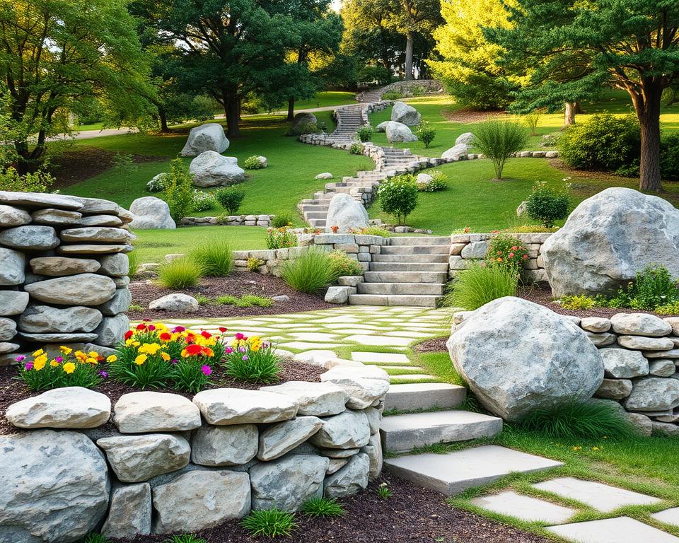 A serene garden landscape featuring structural elements such as dry stone walls, carefully crafted steps, and large boulders. In the foreground, a natural stone wall partially encircles a vibrant flower bed, with finely arranged stones showcasing different textures and hues. The middle ground displays a beautifully designed set of stone steps leading up to a small seating area, surrounded by lush greenery. The background reveals a gentle hillside dotted with larger, rustic boulders, enhancing the organic feel of the scene. Soft, warm afternoon sunlight filters through the trees, casting gentle shadows and creating a tranquil, inviting atmosphere. Capture the image with a wide-angle lens to encompass the entire garden layout, emphasizing the harmony between the structural elements and the surrounding nature.
