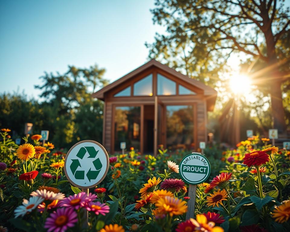 A serene garden scene featuring a wooden garden house surrounded by lush greenery, representing sustainability and health. In the foreground, display eco-friendly symbols like recycling signs and organic product seals, artistically arranged among vibrant flowers. In the middle ground, depict the garden house constructed from sustainable materials, with large windows reflecting sunlight, emphasizing natural lighting and warmth. In the background, incorporate a clear blue sky and gentle trees, symbolizing a clean environment. The atmosphere should evoke a sense of tranquility and responsibility towards nature. Use a soft focus lens to enhance the peaceful mood, with warm sunlight casting gentle shadows throughout the scene.