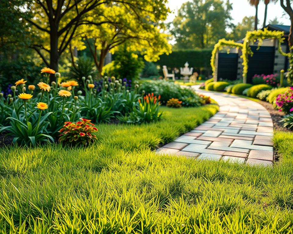 A serene garden scene focused on eco-friendly paving stones and alternatives, showcasing various types of sustainable materials. In the foreground, vibrant green grass interspersed with beautifully arranged, colorful eco-paving stones made from recycled materials. The middle section features a walking path built with textured, permeable bricks and natural stone alternatives, surrounded by flourishing plants and flowers that enhance the garden's sustainability theme. In the background, gentle sunlight filters through lush trees, casting soft shadows and creating a warm, inviting atmosphere. The composition is captured with a slightly elevated angle to reveal layers of texture and color in the garden, emphasizing the harmony between nature and eco-conscious materials. The overall mood is tranquil and uplifting, embodying a commitment to environmental stewardship.