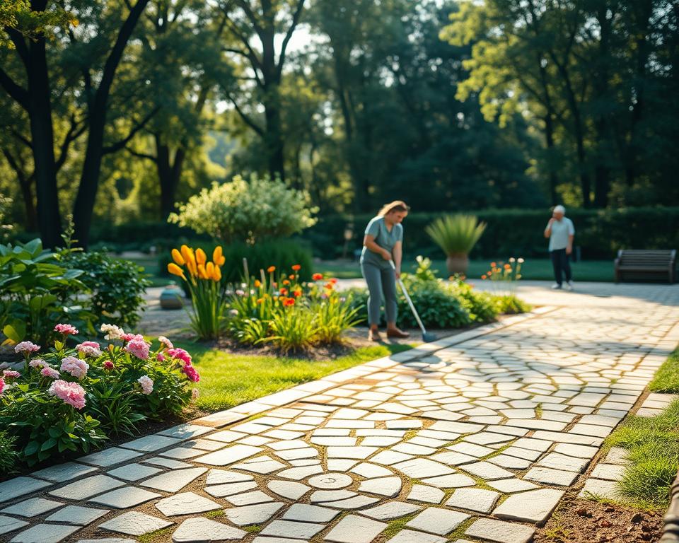 A serene garden scene showcasing a beautifully maintained decorative pavement in the foreground, with intricate stone patterns surrounded by lush greenery and blooming flowers. In the middle ground, a person in modest casual attire carefully cleaning the pavement with eco-friendly products, demonstrating the care and maintenance involved. The background features tall trees casting soft, dappled sunlight, creating a warm and inviting atmosphere. Capture the scene using soft focus to enhance the tranquility, with warm lighting that suggests an early morning or late afternoon setting. Overall, the image should evoke a sense of sustainability and longevity, highlighting the beauty and care of ornamental paving in an eco-friendly garden.
