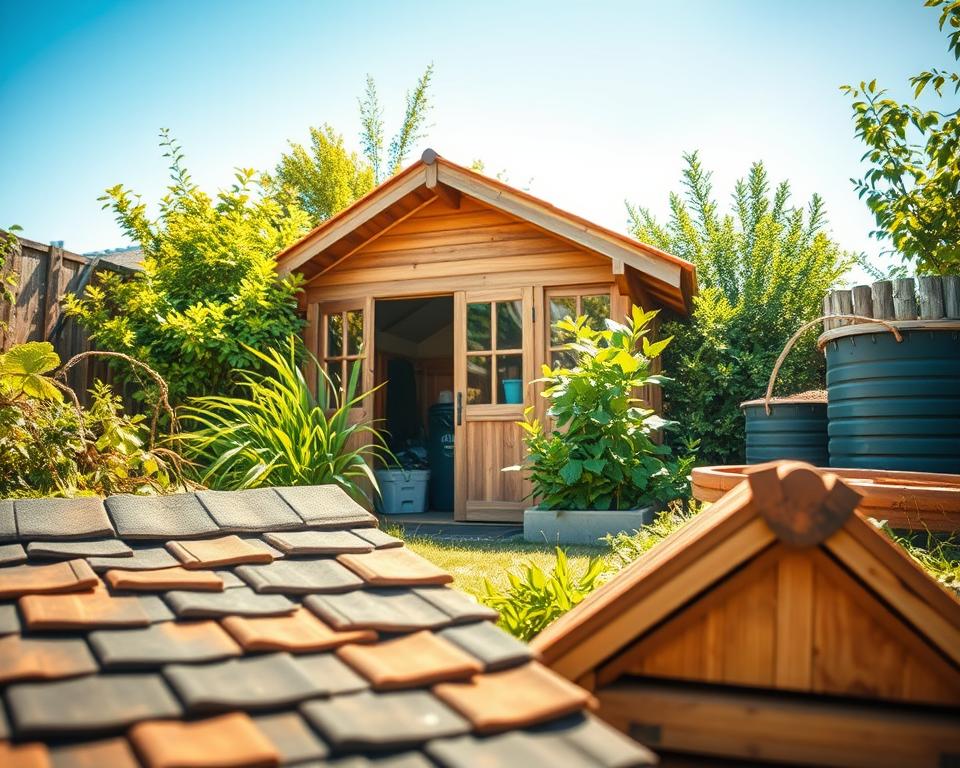 A serene garden scene showcasing sustainability in action. In the foreground, a variety of eco-friendly materials such as green roofing shingles, bamboo, and recycled wood are artistically arranged, emphasizing their natural textures. The middle ground features a cozy corner of a well-maintained garden shed with a sloped roof covered in natural, weather-resistant roofing felt. Bright, natural sunlight filters through lush greenery surrounding the shed, enhancing the vibrant colors. In the background, a compost bin and a rainwater collection system illustrate environmentally sound disposal and resource management practices. The atmosphere is tranquil and inviting, promoting a sense of harmony with nature, while a clear blue sky overhead adds to the uplifting mood. Ideal for an article on sustainable building practices.