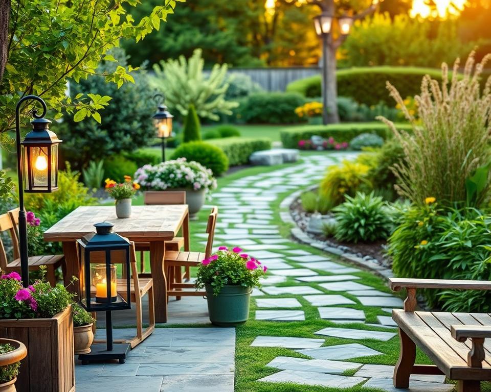A serene garden scene showcasing sustainable lighting, furniture, and decor elements. In the foreground, elegant solar-powered lanterns cast a warm glow on rustic wooden furniture, including a dining table and chairs made from reclaimed materials. Potted plants with vibrant flowers surround the seating area, creating a cozy atmosphere. In the middle ground, a winding stone pathway made of eco-friendly paving stones leads to a lush green space filled with diverse flora. The background features a soft-focus of trees and shrubs, bathed in the golden light of sunset. The overall mood is inviting and tranquil, emphasizing harmony with nature, captured from a slightly elevated angle to give a broader view of the garden layout.