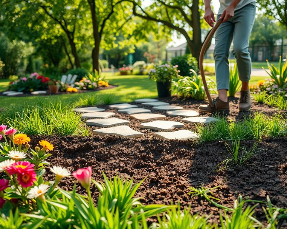 A serene garden scene showcasing the concept of maintaining soil quality in sustainable landscaping. In the foreground, vibrant patches of colorful flowers and lush grass are visible, with gentle, healthy soil beneath. In the middle, a variety of decorative paving stones is artfully arranged, demonstrating effective soil structure while avoiding compaction. A gardener, wearing casual, comfortable attire, tends to the plants with care, emphasizing the importance of protecting the soil. The background features a tranquil garden with soft sunlight filtering through tree leaves, casting dappled shadows on the ground. The atmosphere is calm and inviting, aiming to convey the essence of eco-friendly gardening practices. Capture this image using natural lighting, with a focus on vibrant colors and a slightly elevated angle to showcase the depth of the garden layout.