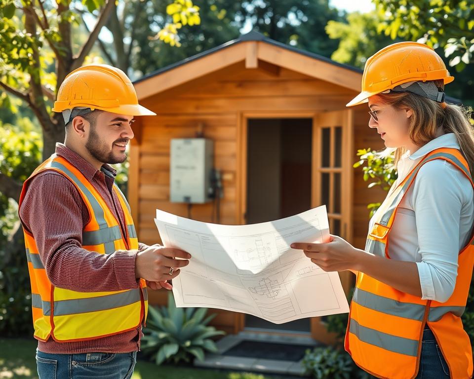 A serene garden setting featuring a cozy garden house equipped with electrical installations. In the foreground, a professional-looking male and female electrician are wearing safety gear while consulting a blueprint, emphasizing their expertise in adhering to legal standards. The middle ground focuses on the garden house, showcasing neatly organized electrical wires and compliant fixtures, illustrating the theme of safety and regulations. Sunlight filters through the trees, casting dappled light on the scene, creating a warm, inviting atmosphere. The background includes lush greenery and plants, symbolizing the harmony between nature and responsible electrical installations. The overall mood is educational and reassuring, embodying compliance with legal foundations and norms in Germany regarding electrical work in residential outdoor spaces.