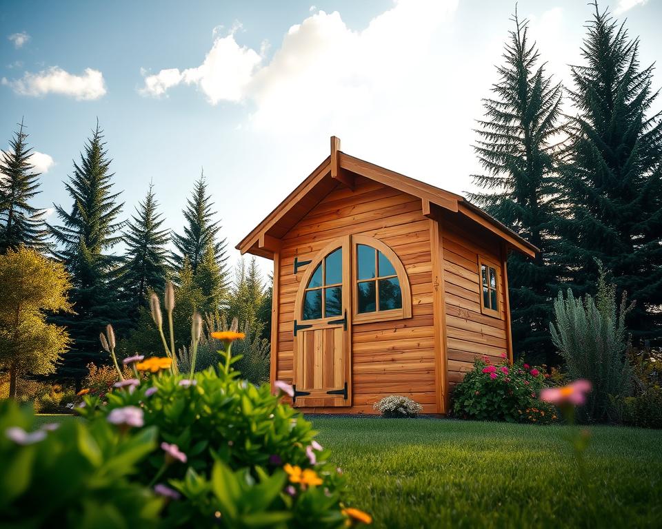 A serene garden setting featuring a sturdy, traditional wooden garden house made of Douglas fir, showcasing its durability and natural beauty. In the foreground, vibrant green foliage and colorful flowers surround the base of the house, enhancing its inviting charm. The middle ground highlights the garden house with its rich, textured wood grain, reflecting the natural warmth of the wood. In the background, tall conifer trees rise majestically, their silhouettes contrasting against a clear blue sky with soft, white clouds. The scene is illuminated by soft, golden sunlight, casting gentle shadows that evoke a peaceful atmosphere. A shallow depth of field emphasizes the focus on the wooden structure while creating a harmonious blend with the surrounding nature.