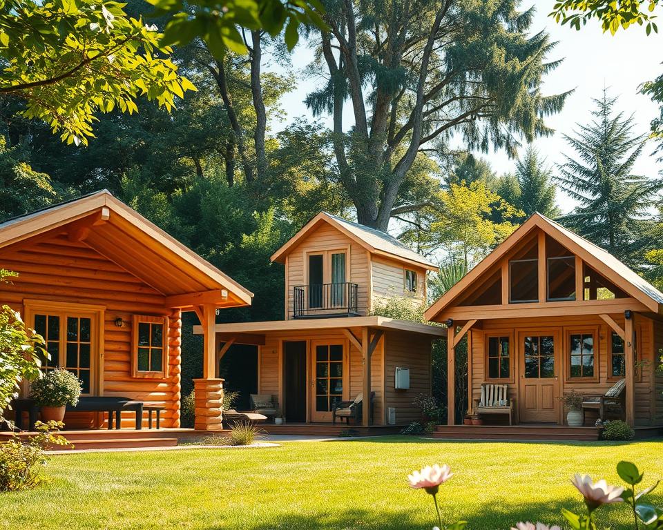 A serene garden setting featuring three distinct types of garden houses: a block log cabin, a modular element-built house, and a frame construction house, all surrounded by lush greenery. In the foreground, display detailed textures of the wooden walls and various architectural elements, with sunlight filtering through the trees creating a warm, inviting ambiance. In the middle ground, showcase each garden house in a clear view, highlighting their unique construction styles and the differences in wall thicknesses. In the background, add soft-focus blooming flowers and garden decorations, suggesting tranquility. The lighting is bright and natural, giving a cheerful and harmonious mood. Use a wide-angle lens to capture the full view of the setting, emphasizing the contrast between the different garden house designs. A serene garden setting featuring three distinct types of garden houses: a block log cabin, a modular element-built house, and a frame construction house, all surrounded by lush greenery. In the foreground, display detailed textures of the wooden walls and various architectural elements, with sunlight filtering through the trees creating a warm, inviting ambiance. In the middle ground, showcase each garden house in a clear view, highlighting their unique construction styles and the differences in wall thicknesses. In the background, add soft-focus blooming flowers and garden decorations, suggesting tranquility. The lighting is bright and natural, giving a cheerful and harmonious mood. Use a wide-angle lens to capture the full view of the setting, emphasizing the contrast between the different garden house designs.