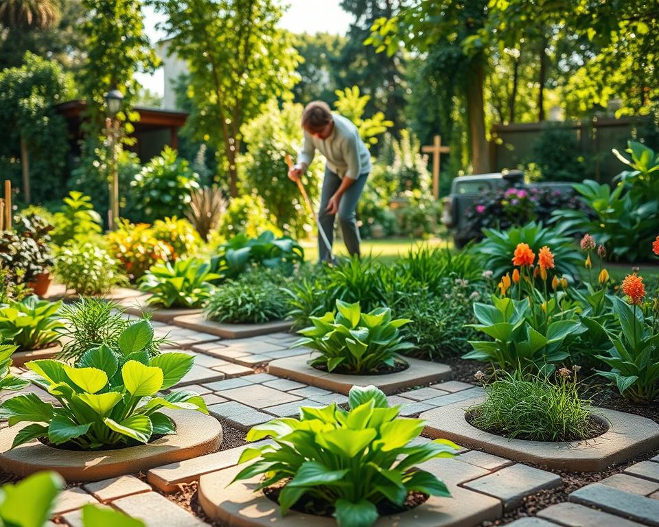 A serene garden setting showcasing sustainable weed management without chemicals. In the foreground, vibrant green plants and healthy flowers thrive between neatly arranged decorative paving stones, demonstrating eco-friendly landscaping. The middle ground features a gardener, dressed in modest casual attire, carefully removing weeds by hand, illustrating energy-efficient care practices. The background includes a variety of lush plants and trees, with soft sunlight filtering through the leaves, creating a warm and inviting atmosphere. The lighting is natural and bright, enhancing the vivid colors of the plants and bricks. The composition is balanced, with a focus on promoting a tranquil and sustainable gardening experience.