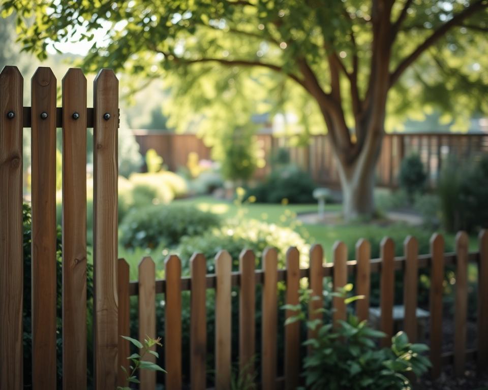 A serene outdoor scene depicting wooden fences designed for natural privacy. In the foreground, a rustic wooden fence made of tall, vertical planks, slightly weathered, blends harmoniously with the lush greenery surrounding it. In the middle ground, a variety of garden plants, shrubs, and small trees provide a natural backdrop, creating an inviting and peaceful atmosphere. The background features a soft-focus view of a tranquil garden setting, with dappled sunlight filtering through the leaves, casting gentle shadows. Use a wide-angle lens effect to enhance the depth and richness of the landscape. Aim for a warm, inviting mood that highlights the beauty and functionality of wooden fences as natural privacy solutions, evoking a sense of tranquility and connection with nature.