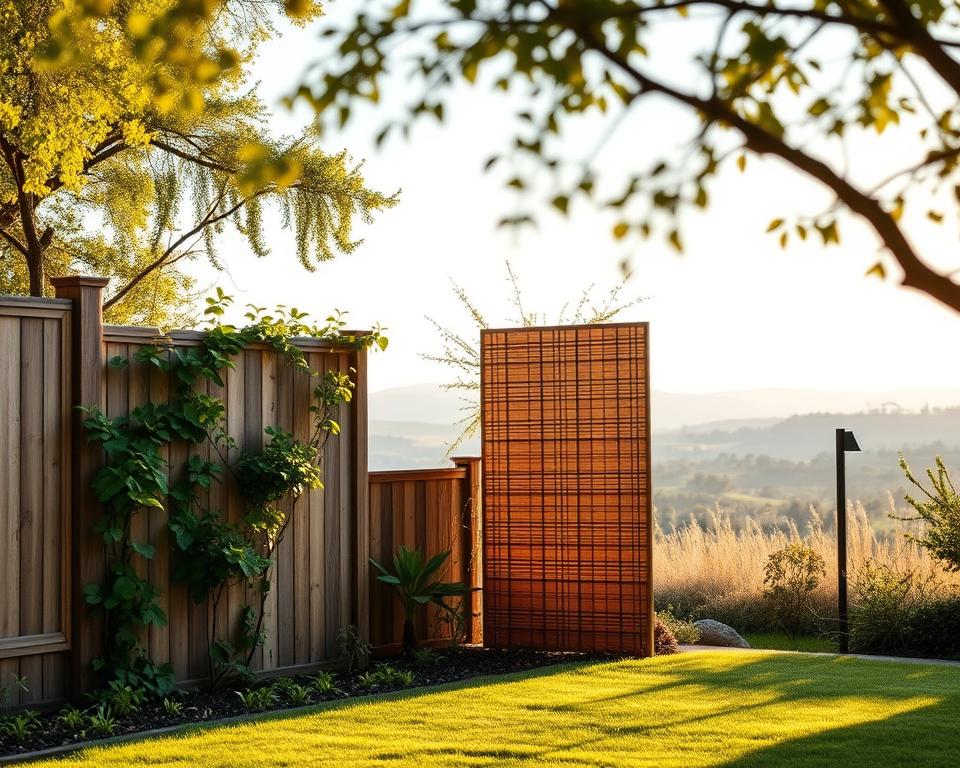 A serene outdoor scene showcasing a beautifully designed private garden space that effectively combines privacy, wind protection, and noise insulation. In the foreground, a stylish wooden fence adorned with climbing plants offers visual privacy while blending harmoniously with nature. In the middle ground, strategically placed windbreaks made of natural materials filter gentle breezes, creating a calm atmosphere. The background reveals a scenic landscape with soft hills and distant trees, enhancing the feeling of seclusion. The lighting is soft and warm, evoking a peaceful late afternoon glow. The angle captures the entire scene from a slightly elevated perspective, emphasizing the integration of these elements. The mood is tranquil and inviting, ideal for relaxing outdoors.