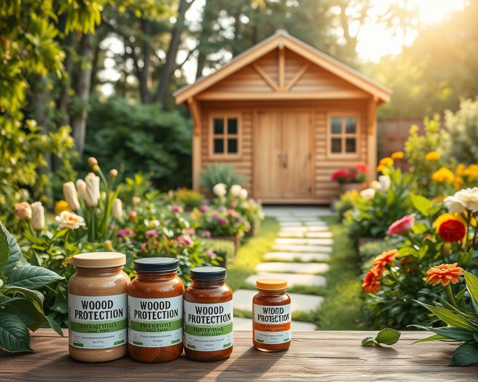 A serene outdoor scene showcasing a sturdy, beautifully crafted spruce wood garden house surrounded by lush greenery. In the foreground, display a variety of wood protection products, including jars of wood stains and protective additives, with an emphasis on natural colors that complement the wooden structures. The middle ground features a well-maintained garden with colorful flowers and a pathway leading to the garden house, emphasizing the beauty of the environment. In the background, gentle sunlight filters through the trees, creating a warm, inviting atmosphere. Use soft, diffused lighting to enhance the textures of the wood and the vibrant colors of the plants. Capture the scene at eye level to give a sense of connection to the space, inviting the viewer to consider the benefits of wood treatment for maintaining the beauty of their garden.
