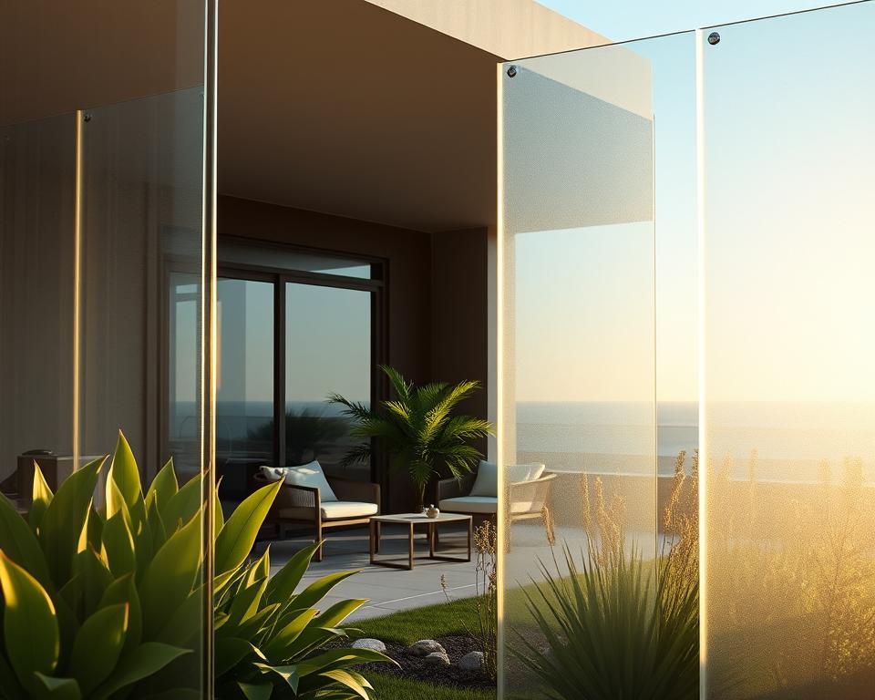 A serene outdoor setting featuring a stylish modern garden with glass and acrylic privacy screens, beautifully illuminated by soft, warm sunlight. In the foreground, sleek, translucent acrylic panels reflect light, creating a shimmering effect, while elegant glass partitions blend seamlessly with lush greenery. The middle scene showcases a cozy relaxation area, furnished with minimalist outdoor seating surrounded by vibrant plants. The background includes a clear blue sky gently fading into the horizon, enhancing the feeling of openness. Capture the scene from a slightly elevated angle to include a sense of depth, with a focus on the transparency and light diffusion of the materials, evoking a tranquil and contemporary atmosphere ideal for privacy without sacrificing natural light.