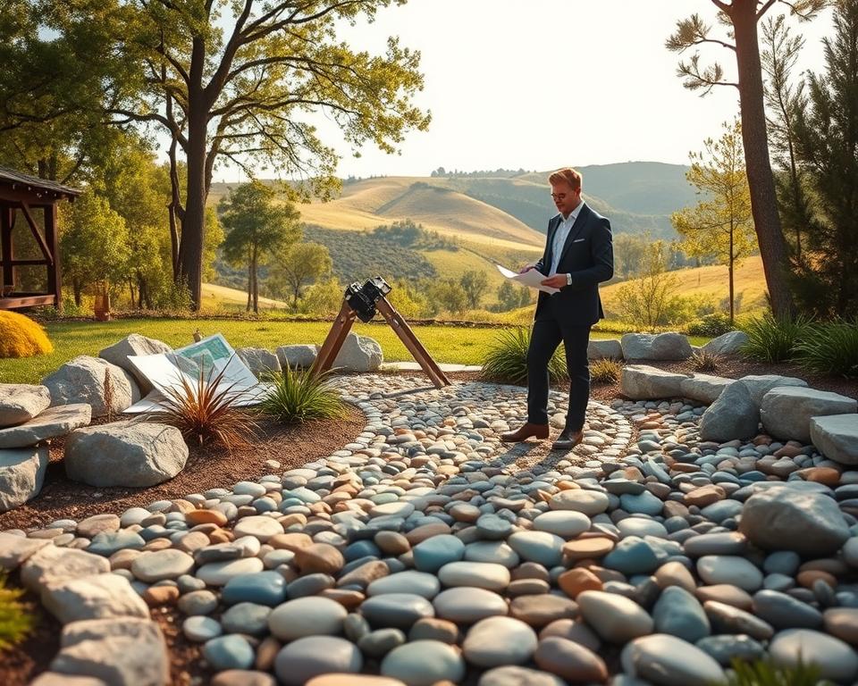 A serene outdoor setting showcasing a meticulously designed stone garden, emphasizing the theme of planning and site analysis. In the foreground, a stylish garden planner, dressed in professional attire, examines a blueprint next to vibrant plants and carefully arranged pebbles. The middle ground features an assortment of colorful stones artfully arranged in various patterns, symbolizing thoughtful design. In the background, a lush landscape with gently sloping hills under soft natural lighting, capturing a warm, inviting atmosphere. The scene is framed by tall trees, their leaves gently swaying, conveying a sense of tranquility. The angle is slightly elevated, offering a comprehensive view of the stone garden layout, enhancing the sense of planning and analysis in the serene environment.